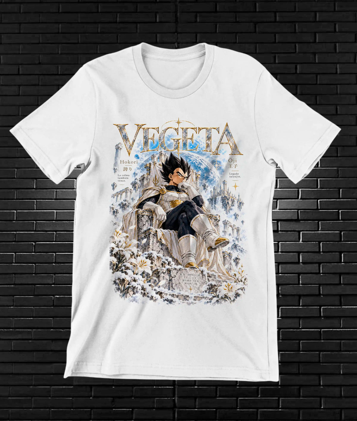 Camiseta Dragon Ball Vegeta – MEVRA – Diseño MERON – Blanco