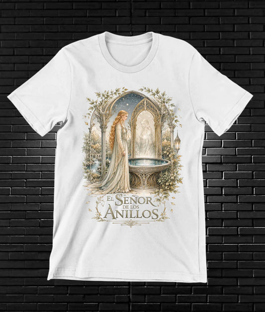 Camiseta El Señor de los Anillos – Fuente y arquitectura dorada · Blanca