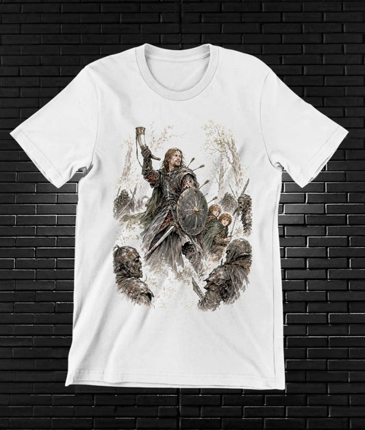 Camiseta El Señor de los Anillos – Guerrero con escudo · Blanca