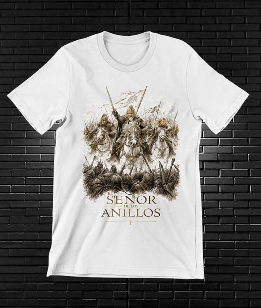Camiseta El Señor de los Anillos – Jinetes en tonos dorados · Blanca