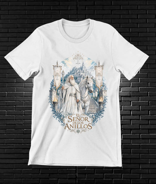 Camiseta El Señor de los Anillos – Personajes bajo arco azul · Blanca