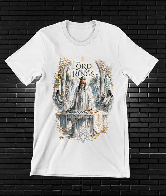 Camiseta El Señor de los Anillos – Lord of the Rings · personajes verticales · Blanca