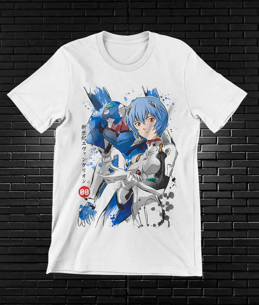 Camiseta Evangelion – Rei Ayanami · retrato azul · Blanca
