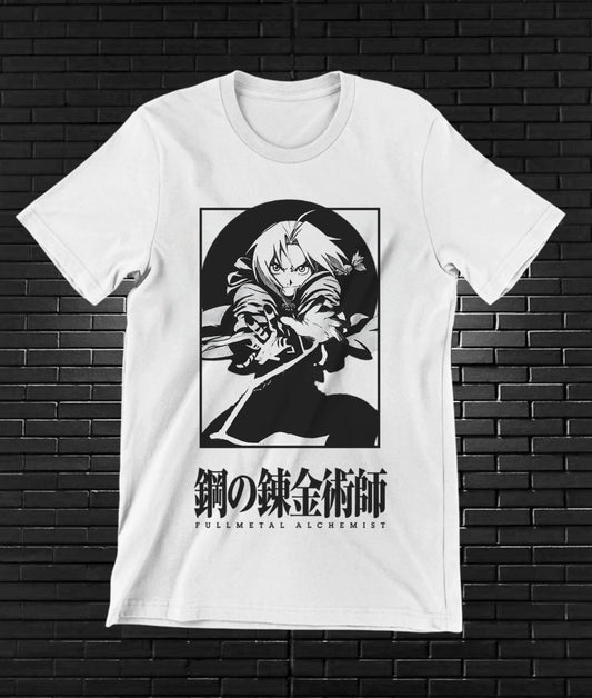 Camiseta Fullmetal Alchemist – Edward Elric en blanco y negro · Blanca
