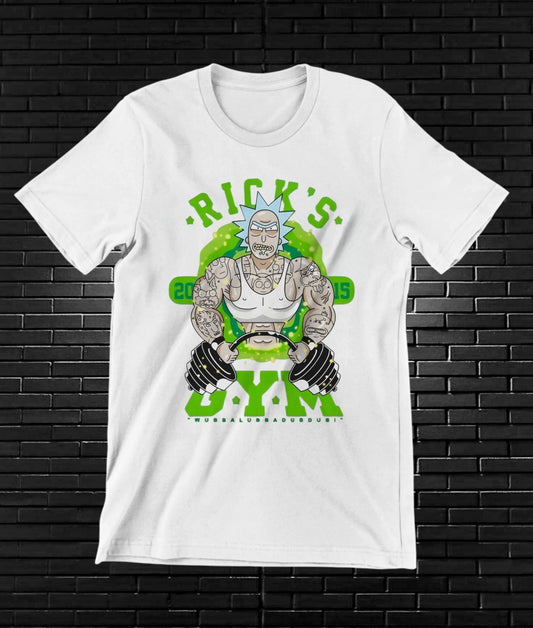 Camiseta Gym Fitness – RIP's Gym · personaje musculoso · Blanca