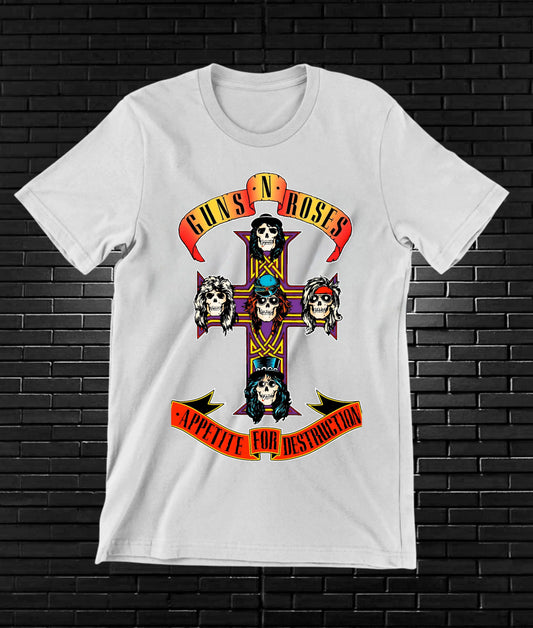 Camiseta Guns N' Roses – Appetite for Destruction · cruz de calaveras · Blanca
