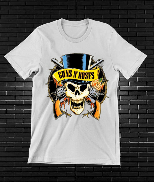 Camiseta Guns N' Roses – Calavera con sombrero de copa · Blanca