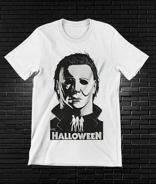 Camiseta Halloween – Michael Myers · máscara monocromática · Blanca