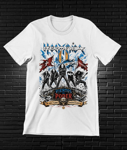 Camiseta Hermética – Banda y llamas azules · Blanca