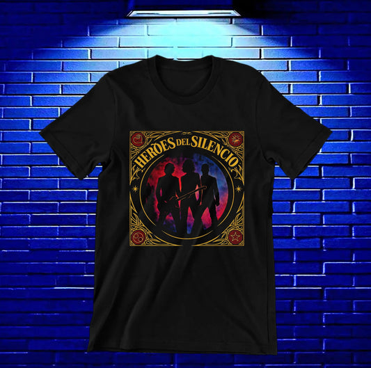 Camiseta Héroes del Silencio – Emblema circular con siluetas · Negra