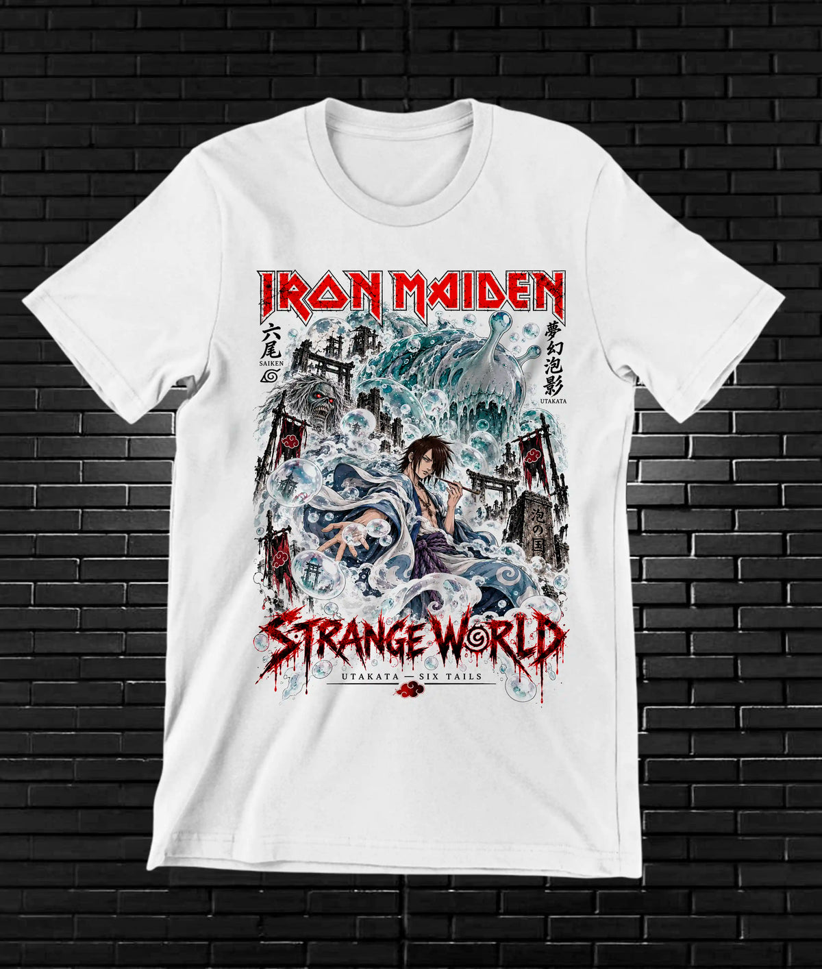 Camiseta Iron Maiden x Naruto – BAMOR – Diseño MERON – Blanco