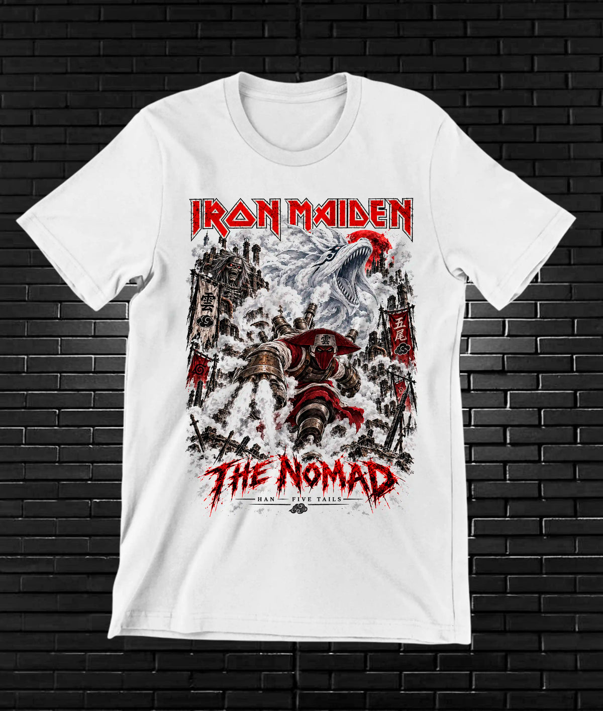 Camiseta Iron Maiden x Naruto – CAMINE – Diseño BAREN – Blanco