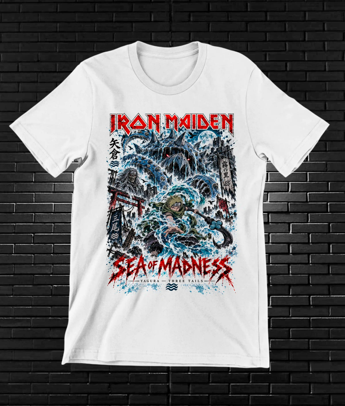 Camiseta Iron Maiden x Naruto – CAMINE – Diseño NIVRA – Blanco