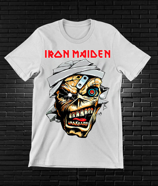 Camiseta Iron Maiden – Eddie · rostro vendado · Blanca