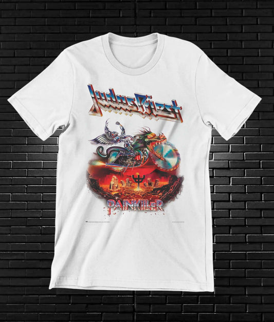 Camiseta Judas Priest – Painkiller · motorista entre llamas · Blanca