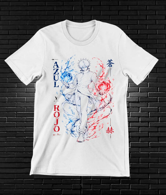 Camiseta Jujutsu Kaisen – Gojo · Azul y Rojo · Blanca