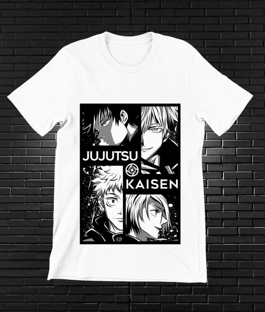 Camiseta Jujutsu Kaisen – Retratos en cuatro viñetas · Blanca