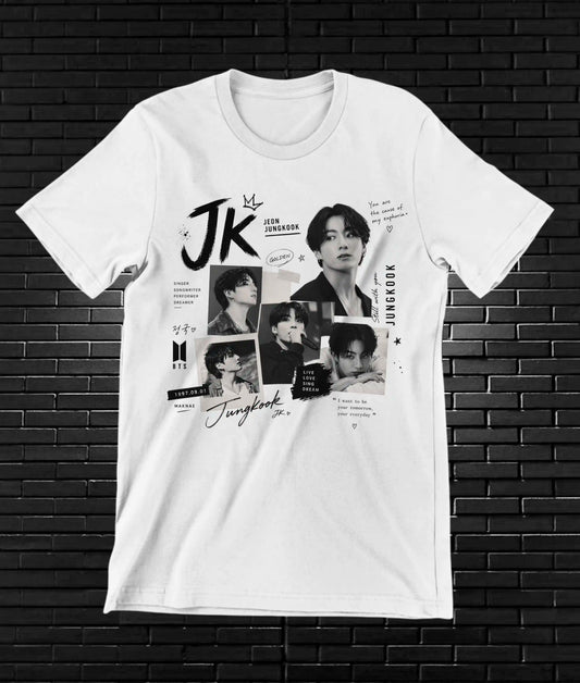 Camiseta BTS – Jungkook · viñetas JK · Blanca