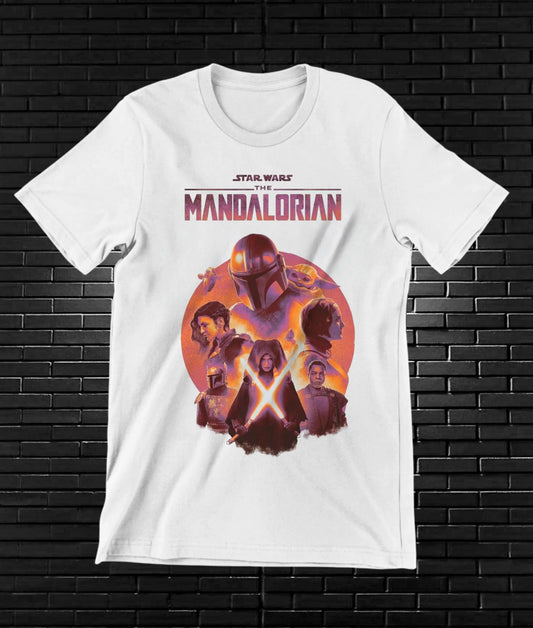 Camiseta The Mandalorian – Din Djarin · collage naranja · Blanca