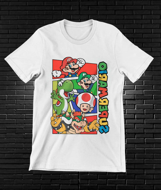 Camiseta Super Mario Bros – Personajes en recuadro verde · Blanca