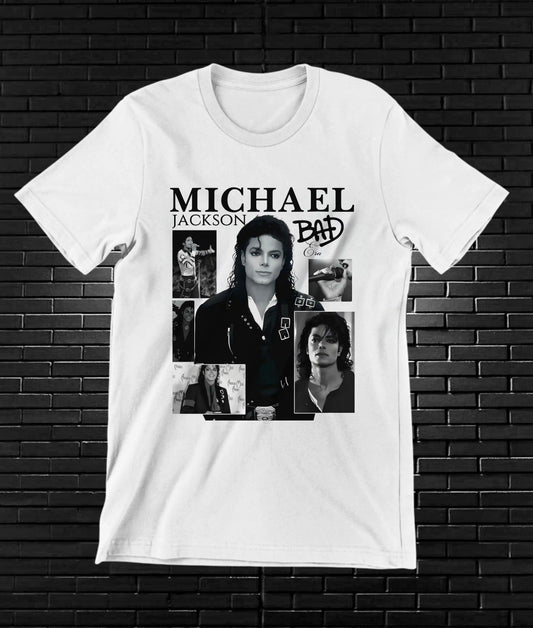 Camiseta Michael Jackson – Bad · retratos en blanco y negro · Blanca