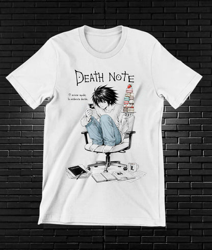 Camiseta Death Note L diseño Meron color blanco