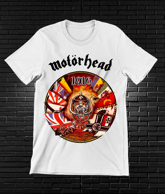 Camiseta Motörhead – 1916 · emblema ilustrado · Blanca