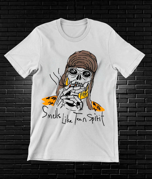 Camiseta Nirvana – Smells Like Teen Spirit · retrato esquelético · Blanca