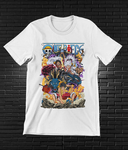 Camiseta One Piece – Collage de piratas a color · Blanca