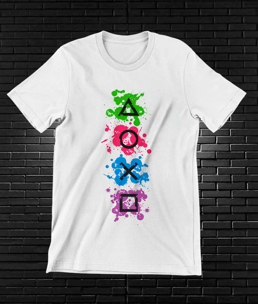 Camiseta PlayStation – Símbolos multicolor salpicados · Blanca