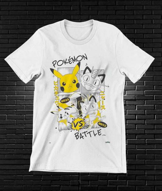 Camiseta Pokémon – Pikachu y Lucario · VS Battle · Blanca