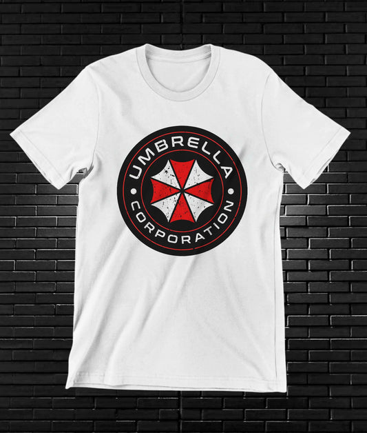 Camiseta Resident Evil – Umbrella Corporation · emblema circular · Blanca