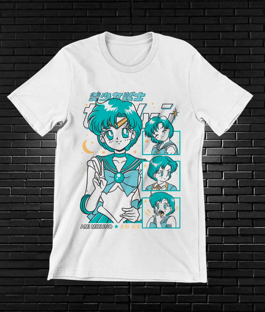 Camiseta Sailor Moon – Sailor Neptune · retratos turquesa · Blanca