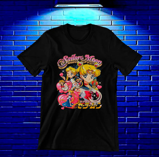 Camiseta Sailor Moon – Guerreras en caricatura · Negra