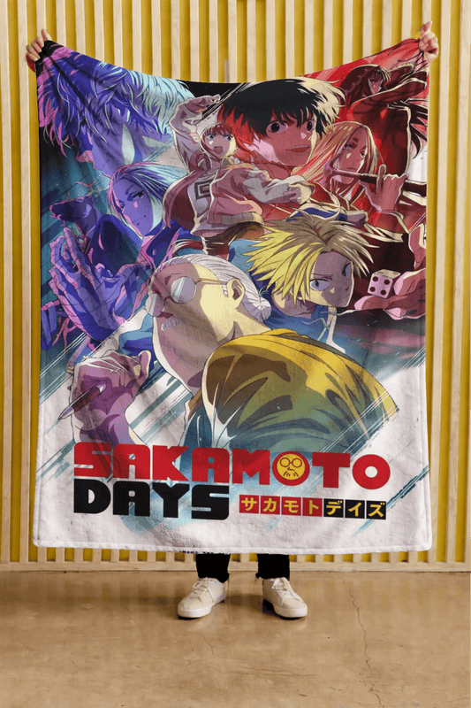 Cobija Sakamoto Days – Personajes · collage rojo y violeta