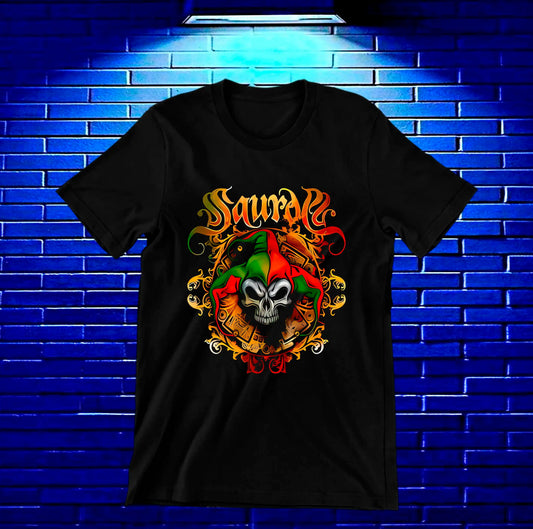 Camiseta Saurom – Arlequín rojo y verde · Negra