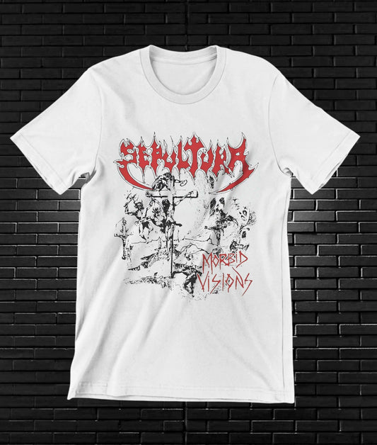Camiseta Sepultura – Ilustración de trazos y logotipo rojo · Blanca