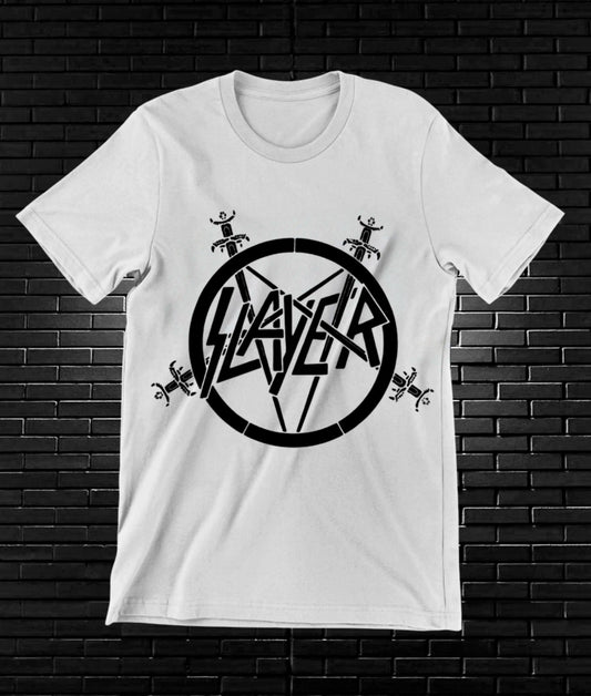 Camiseta Slayer – Logotipo con pentagrama · Blanca