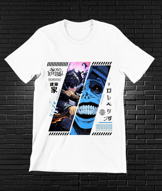 Camiseta Solo Leveling – Sung Jinwoo y sonrisa azul · Blanca