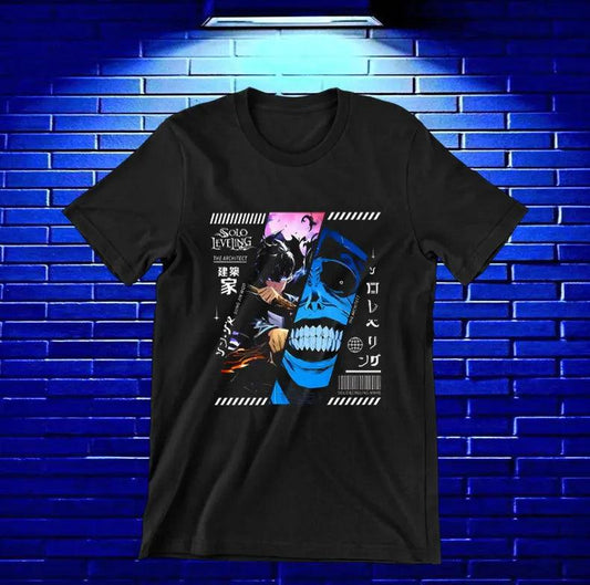 Camiseta Solo Leveling – Sung Jinwoo y sonrisa azul · Negra