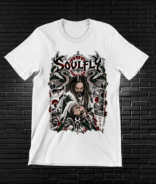 Camiseta Soulfly – BAMOR – Diseño MERON – Blanco