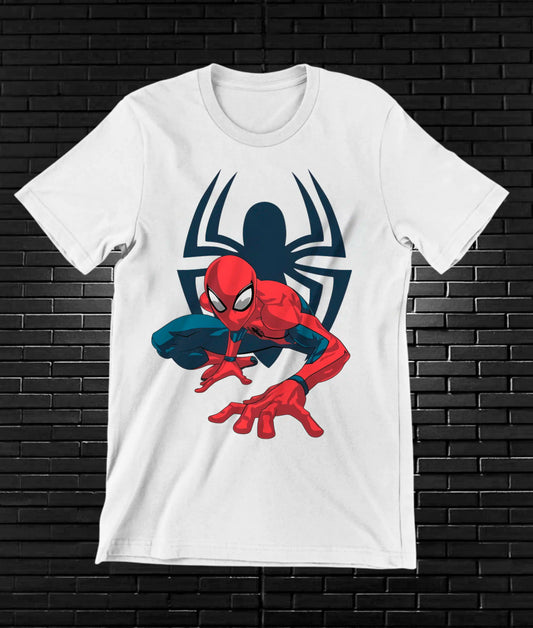 Camiseta Spider-Man – Spider-Man frente a emblema azul · Blanca