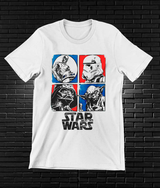 Camiseta Star Wars – Cascos en cuatro viñetas · Blanca