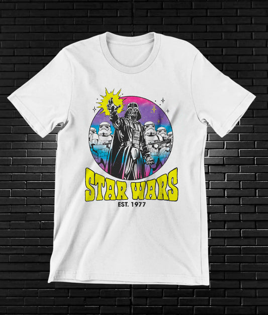 Camiseta Star Wars – Personajes en círculo retro · Blanca