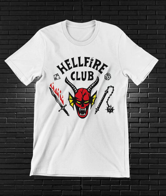 Camiseta Stranger Things – Hellfire Club · emblema de diablo · Blanca