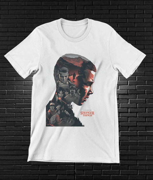 Camiseta Stranger Things – Eleven · perfil oscuro · Blanca