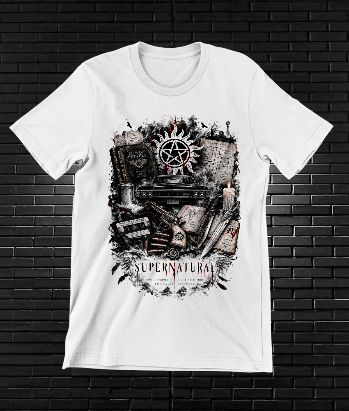 Camiseta Supernatural – BAMOR – Diseño BAREN – Blanco