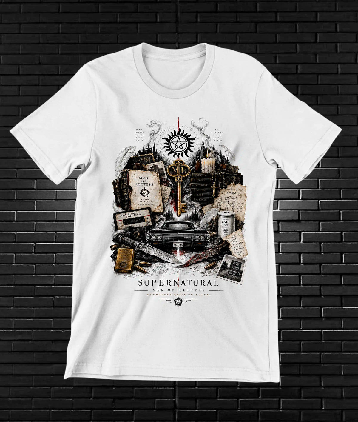 Camiseta Supernatural – BAMOR – Diseño MERON – Blanco