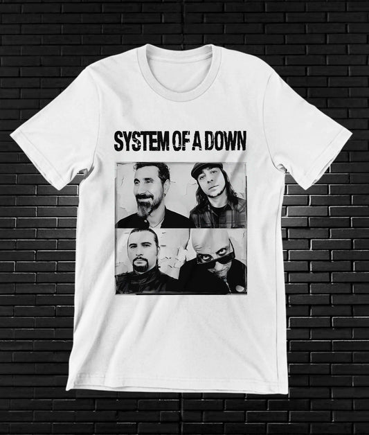 Camiseta System of a Down – Cuatro retratos en cuadrícula · Blanca