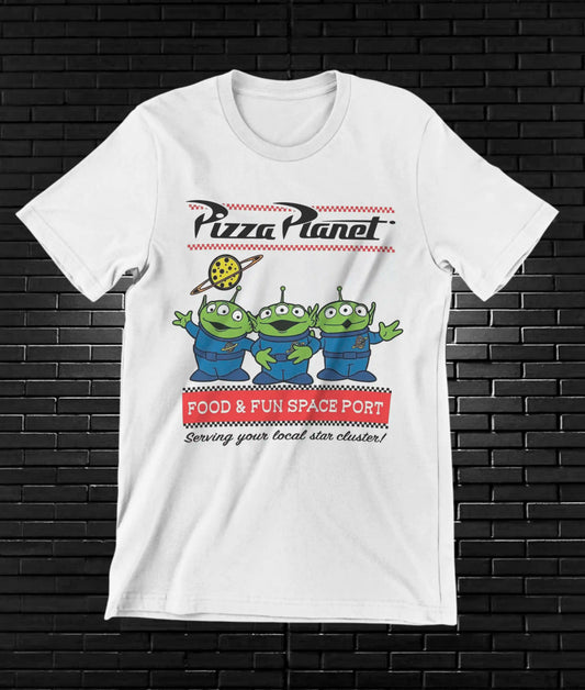 Camiseta Toy Story – Pizza Planet · cartel de entrega · Blanca